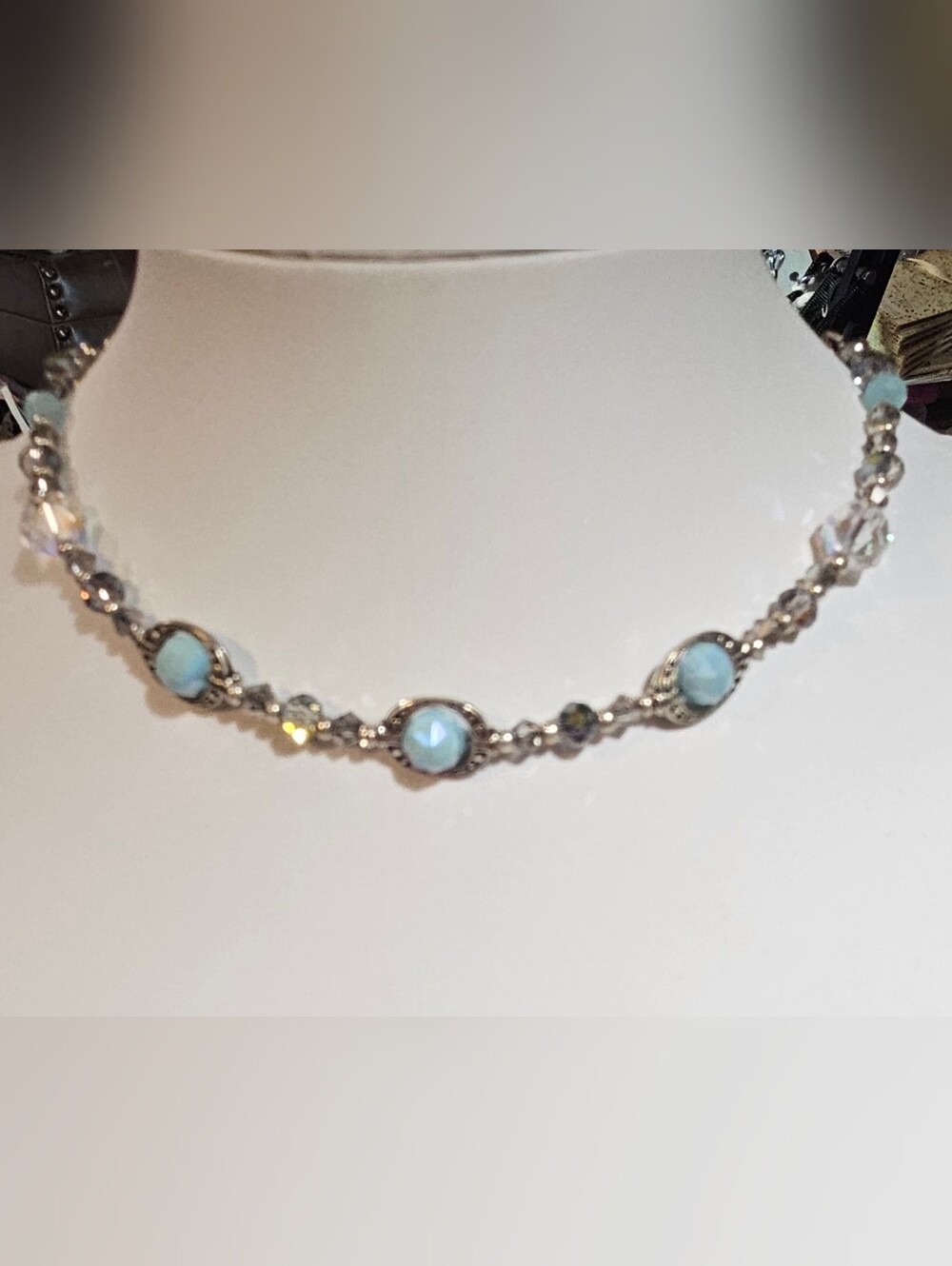 Hand Crafted Delicate Blue Crystal & Silver Accent 15" Collar Necklace